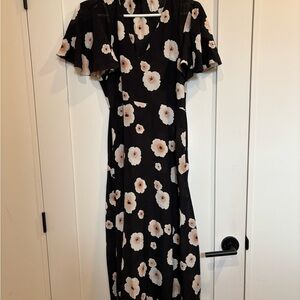 Club Monaco Silk Black Maxi Dress with Cream Floral Print